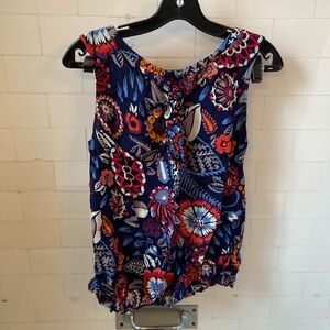 Boden sleeveless round neck navy blue and multi-colored top size 12